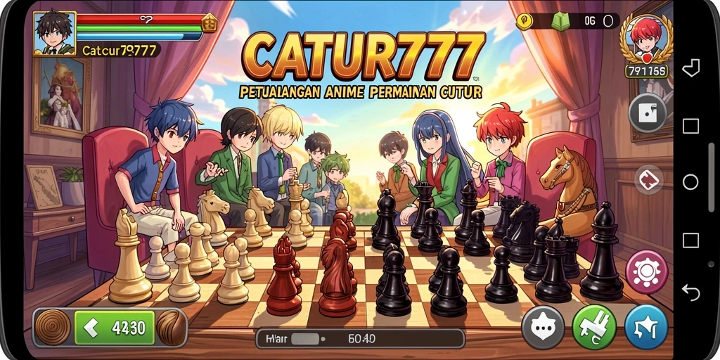 Screenshot utama CATUR777 dengan karakter anime yang beraksi di papan catur.