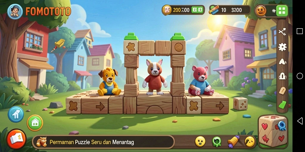 Screenshot gameplay FOMOTOTO menunjukkan berbagai teka-teki menarik.