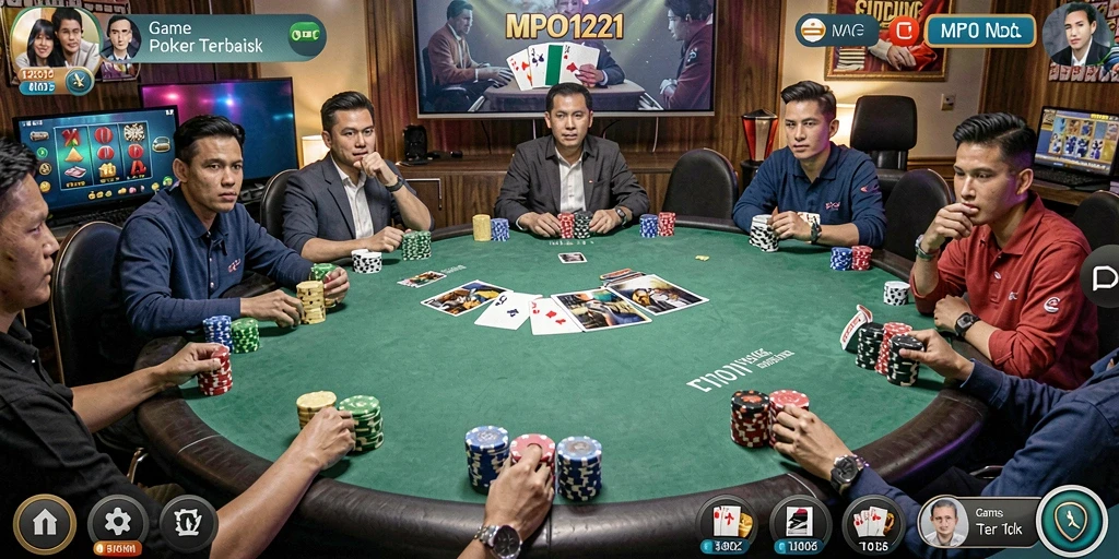 Tampilan utama gameplay poker di MPO1221 yang menarik.