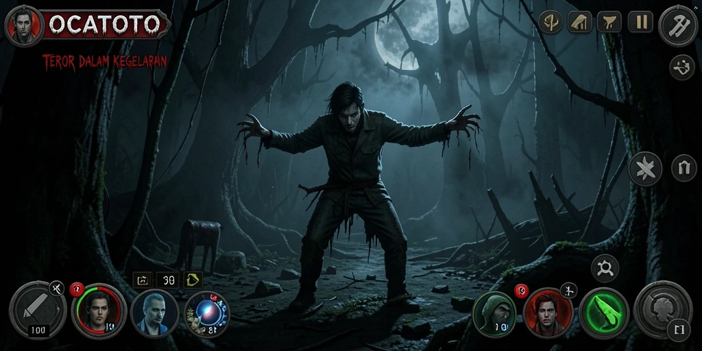 Tampilan gameplay OCATOTO yang menakutkan dengan suasana horor.