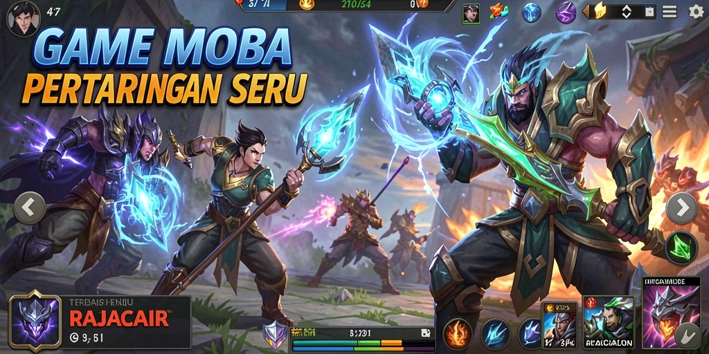 Screenshot utama RAJACAIR menampilkan pertarungan MOBA yang intens dan strategis.
