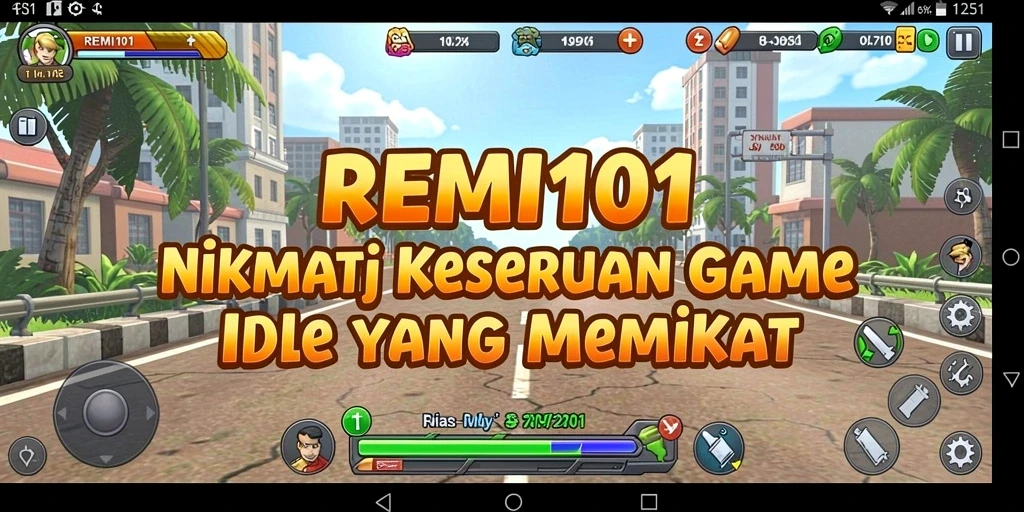 Screenshot utama gameplay REMI101 menampilkan kemajuan karakter dalam mode Idle.