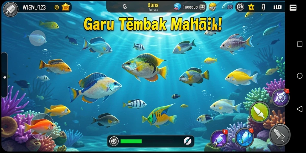 Tampilan gameplay WISNU123 dengan ikan berwarna-warni.